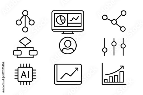 AI Tools Icon Set. Outline icon set of AI-based personalization tools: machine learning model, dashboard, data