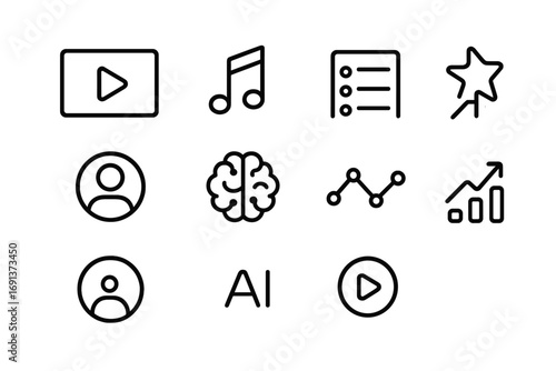 Personalized Media Icons. Outline icon set of Personalized media streaming: video screen, music note, playlist