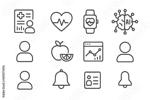 Health Monitoring Icons. Outline icon set of Personalized health monitoring: medical chart, heart rate,