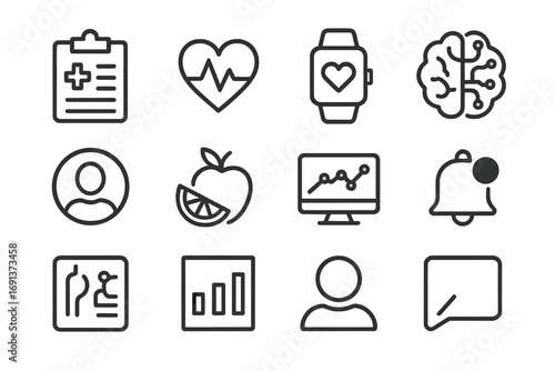Health Monitoring Icons. Outline icon set of Personalized health monitoring: medical chart, heart rate,