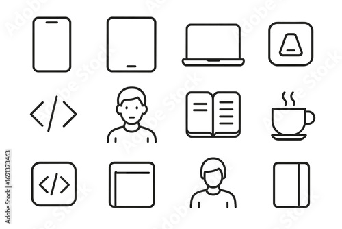 Mobile App Development Icons. Outline icon set of Mobile app development students: smartphone, tablet, laptop,