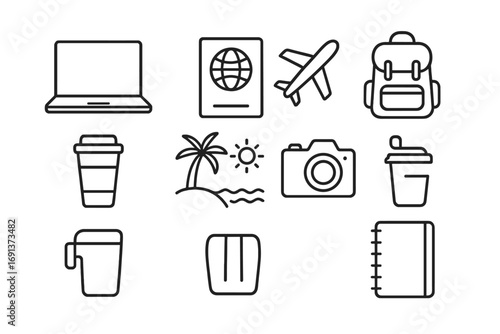 Digital Nomad Essentials. Outline icon set of Digital nomad lifestyle: laptop, passport, airplane, backpack,