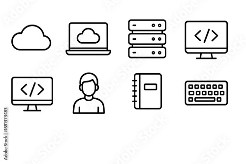 Cloud Computing Icons. Outline icon set of Cloud computing and coding class: cloud icon, laptop, server, code