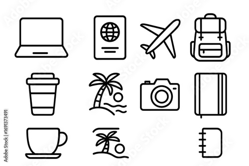 Digital Nomad Essentials. Outline icon set of Digital nomad lifestyle: laptop, passport, airplane, backpack,