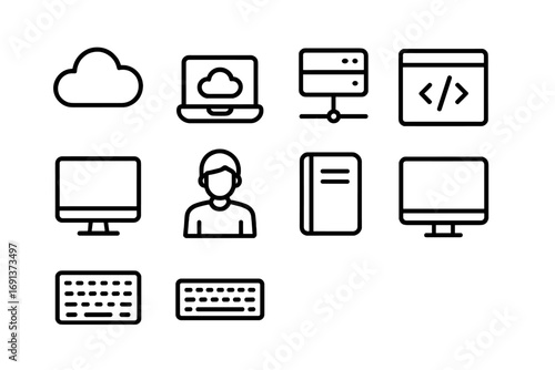 Cloud Computing Icons. Outline icon set of Cloud computing and coding class: cloud icon, laptop, server, code