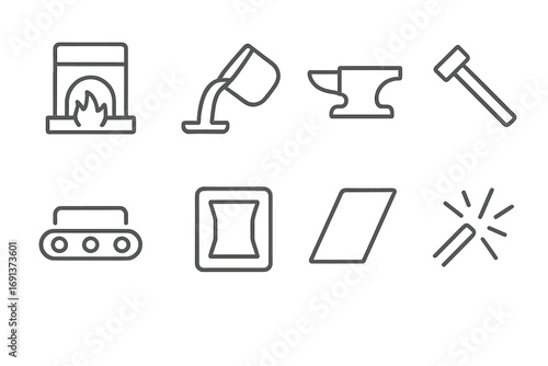 Metal Industry Icons. Outline icon set of Metal processing industry: furnace, molten metal, anvil, hammer,