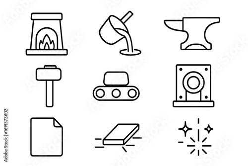 Metal Industry Icons. Outline icon set of Metal processing industry: furnace, molten metal, anvil, hammer,