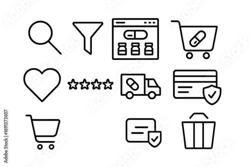 Online Pharmacy Icons. Outline icon set of Online pharmacy features: search bar, filter options, product list,