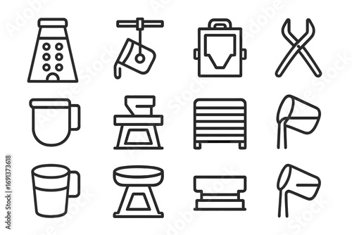 Foundry Equipment Icons. Outline icon set of Foundry equipment: blast furnace, ladle, mold, tongs, crucible,