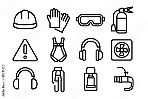 Metal Safety Icons. Outline icon set of Safety in metal processing: helmet, gloves, goggles, fire extinguisher
