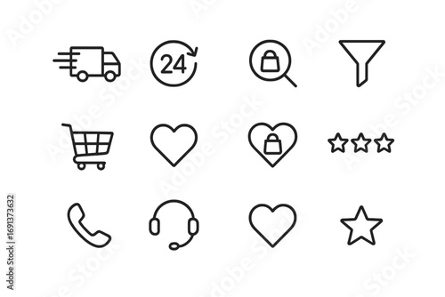 Shopping Icon Set. Outline icon set of Shopping convenience: fast delivery, 24/7 support, product search,