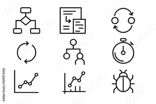 Code Complexity Icons. Outline icon set of Code complexity analysis: flowchart, algorithm, nested loops,