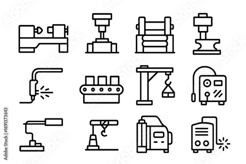 Industrial Machinery Icons. Outline icon set of Industrial machinery for metals: lathe, press, roller, forge
