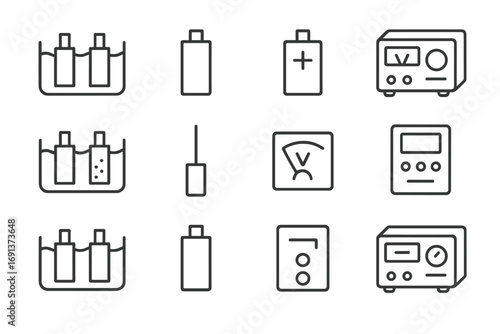Electrolytic Refining Icons. Outline icon set of Electrolytic refining: electrolyte tank, anode, cathode,