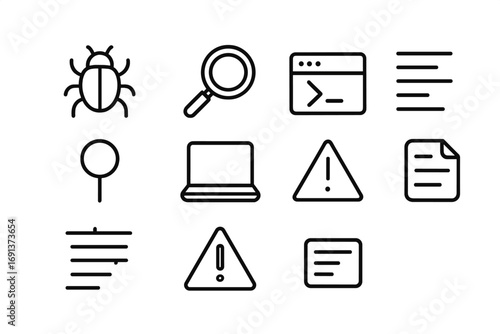 Debugging Icons Grid. Outline icon set of Debugging process: bug, magnifier, console, stack trace, breakpoint,