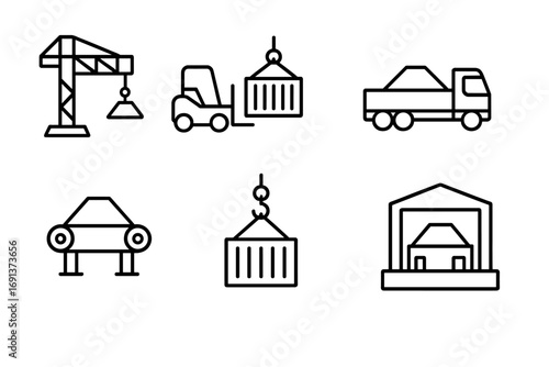 Industrial Transport Icons. Outline icon set of Industrial transport of metals: crane, forklift, container,