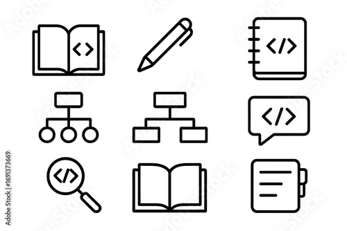 Code Documentation Icons. Outline icon set of Code documentation: book, pen, notebook, flowchart, diagram,