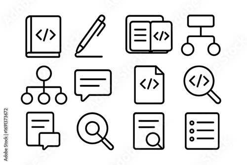 Code Documentation Icons. Outline icon set of Code documentation: book, pen, notebook, flowchart, diagram,