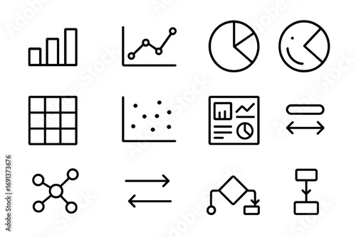 Code Metrics Icon Set. Outline icon set of Code metrics visualization: bar chart, line chart, pie chart,