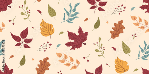 Colorful autumn leaves seamless pattern. Cute vector background