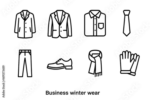 Winter Business Wear Icons. Outline icon set of Business winter wear: overcoat, blazer, dress shirt, tie,