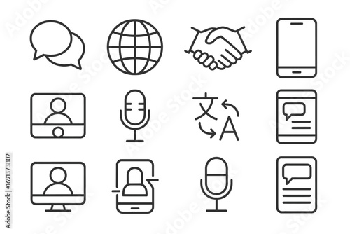 Language Exchange Icons. Outline icon set of Language exchange platforms: chat bubbles, globe, handshake,