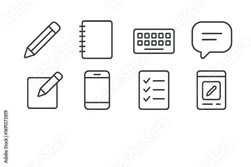 Writing Icon Set. Outline icon set of Writing practice: pencil, notebook, keyboard, speech bubble, edit icon,