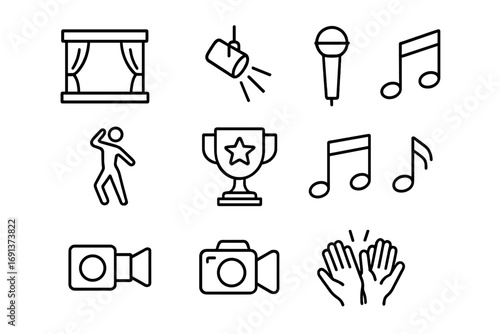 Dancing Icons Set. Outline icon set of Dancing for TV shows and talent competitions: stage, spotlight,