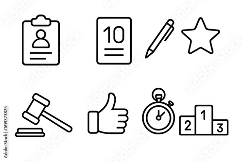Dance Judging Icons. Outline icon set of Dance judges and scoring: clipboard, score sheet, pen, star, gavel,