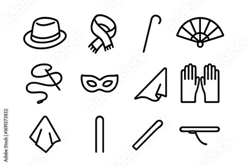 Dance Props Icons Grid. Outline icon set of Dance props and accessories: hat, scarf, fan, cane, ribbon, mask,