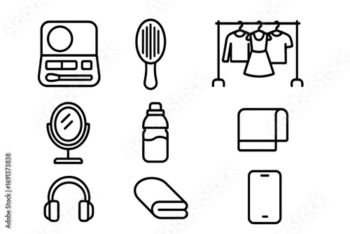 Backstage Icons Set. Outline icon set of Backstage preparation: makeup kit, hairbrush, costume rack, water