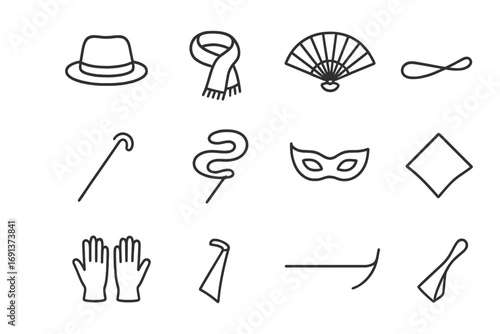 Dance Props Icons Grid. Outline icon set of Dance props and accessories: hat, scarf, fan, cane, ribbon, mask,