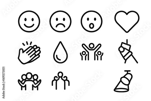 Dance Emotion Icons. Outline icon set of Dance performance emotions: happy face, sad face, surprised face,