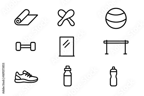 Dance Equipment Icons. Outline icon set of Dance training equipment: yoga mat, resistance band, dumbbell,