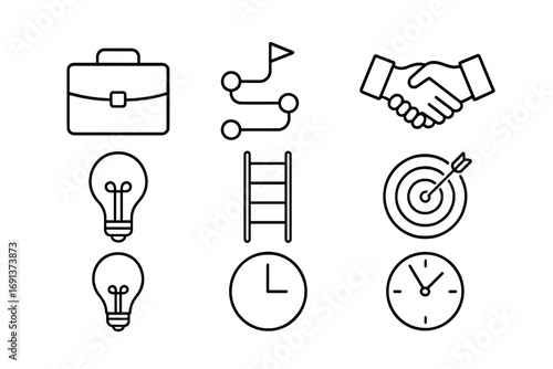 Career Change Icons. Outline icon set of Career switch: briefcase, roadmap, resume, handshake, light bulb,