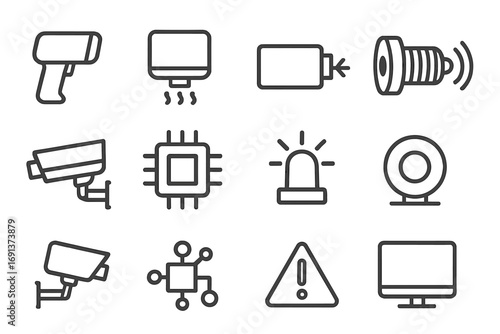 Industrial Sensors Icons. Outline icon set of Industrial sensors and scanners: barcode scanner, infrared
