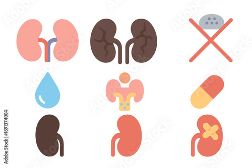 Kidney Health Icons. Flat vector mini-illustrations Healthy vs. unhealthy kidneys in colors children's illustrations: pink kidney