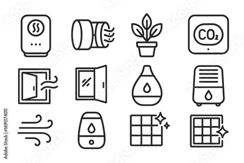 Indoor Air Quality Icons. Outline icon set of indoor air quality: air purifier, ventilation duct, green plant,