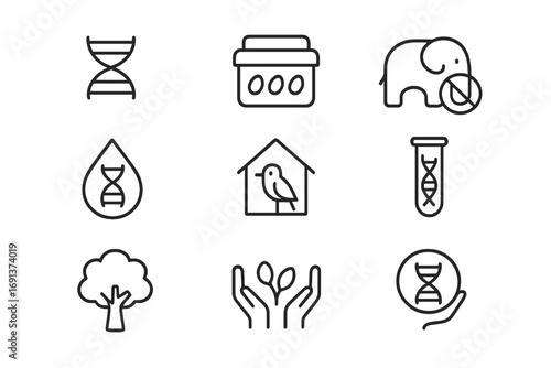Genetic Diversity Icons. Outline icon set of genetic diversity conservation: DNA helix, seed bank, endangered