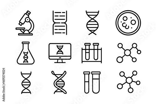 Genetic Research Icons. Outline icon set of genetic research: microscope, genome sequence, DNA strand, petri