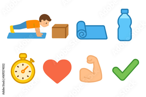 Kids Exercise Icons. Flat vector mini-illustrations Decline push-up with feet elevated in colors children's illustrations: person