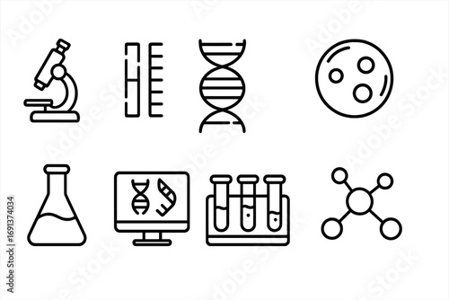 Genetic Research Icons. Outline icon set of genetic research: microscope, genome sequence, DNA strand, petri