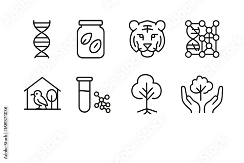 Genetic Diversity Icons. Outline icon set of genetic diversity conservation: DNA helix, seed bank, endangered