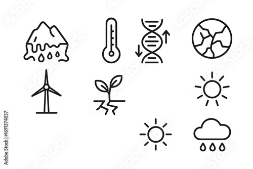 Climate & Genetics Icons. Outline icon set of climate change and genetics: melting glacier, thermometer, DNA