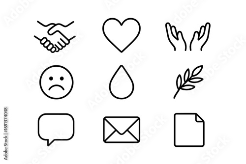 Apology Icons Set. Outline icon set of effective apology in relationships: handshake, heart symbol, open hands