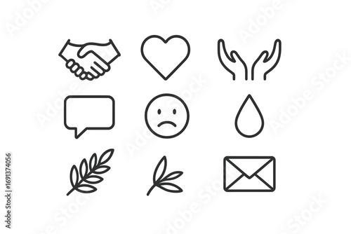 Apology Icons Set. Outline icon set of effective apology in relationships: handshake, heart symbol, open hands