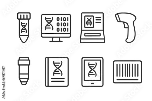 Genetic Tools Icons. Outline icon set of genetic monitoring tools: DNA sample vial, computer data, sequencing