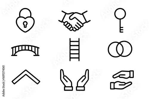 Rebuilding Trust Icons. Outline icon set of rebuilding trust: lock with heart, handshake, key, bridge symbol,