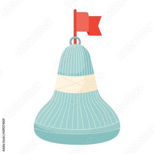 Blue navigational buoy with a red flag marking a channel for a safe maritime passage on Columbus Day.
