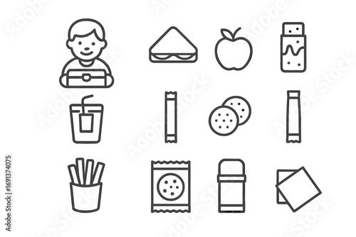 Kids Snack Icon Set. Outline icon set of kids enjoying school snacks: child with lunchbox, sandwich half, apple, granola bar,